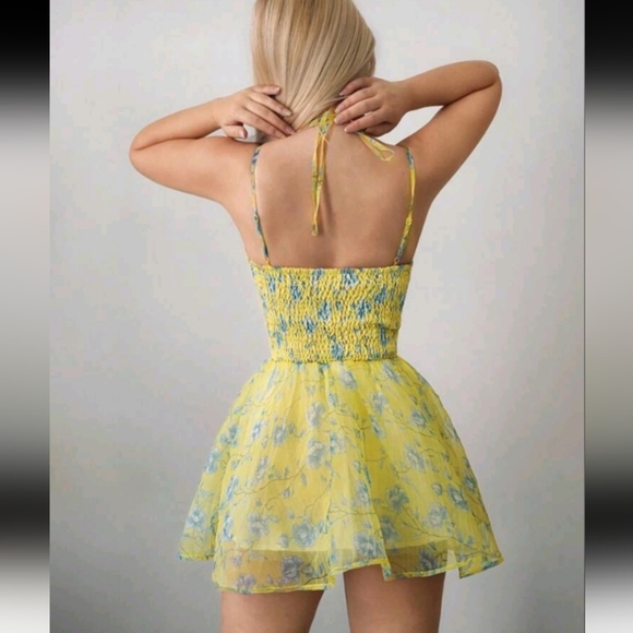 Women's  Yellow Sundress  Party Floral Print Splicing Mesh Strap Dress - Picture 2 of 5